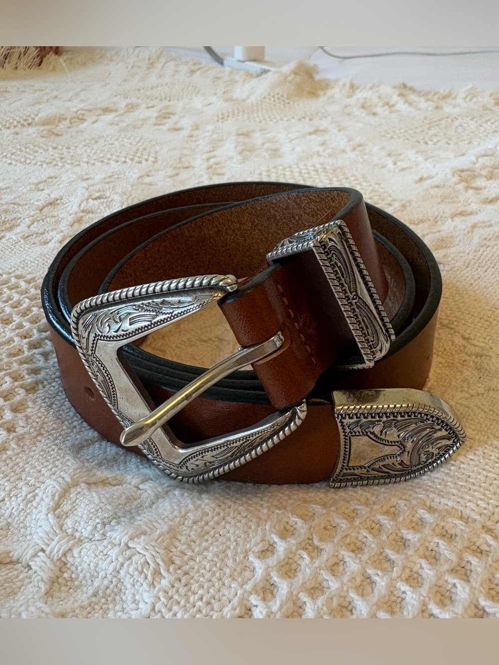 Brown Leather Western Belt with Decorative Silver Buckle Unisex